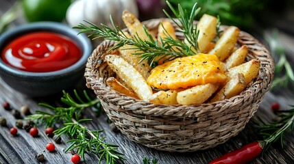 Rustic Potato Wedges with Rosemary and Ketchup.