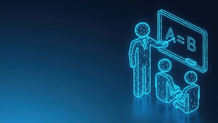 Digital teacher guides student with glowing abstract presentation board in futuristic learning concept