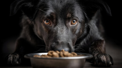 A close-up of a black dog staring intently at its food bowl, showcasing its expressive eyes and eager anticipation for mealtime.