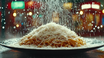 Delicious Spaghetti Dish Topped with Grated Cheese in Restaurant Setting.