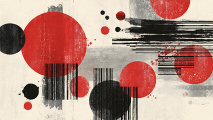 A fusion of Japanese Zen ink wash (Sumi-e) and Swiss Style graphic design, featuring red circular motifs, black brush strokes, and structured grid layouts on a textured off-white background