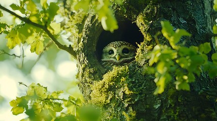 Small owl peeking out from a tree hollow in a lush green forest.
