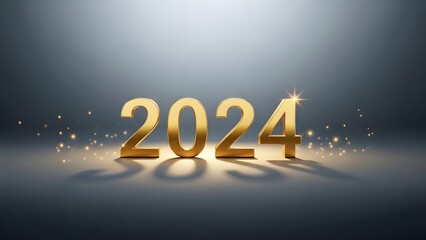 Elegant golden three-dimensional numbers "2024" illuminated by a spotlight, casting shadows amidst shimmering golden particles on a reflective dark surface.