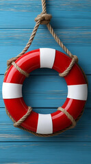 A bright red and white lifebuoy hangs against a wooden blue background, symbolizing safety and rescue on the water. Perfect for nautical themes.