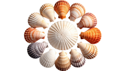 A circular arrangement of seashells, featuring various colors and patterns