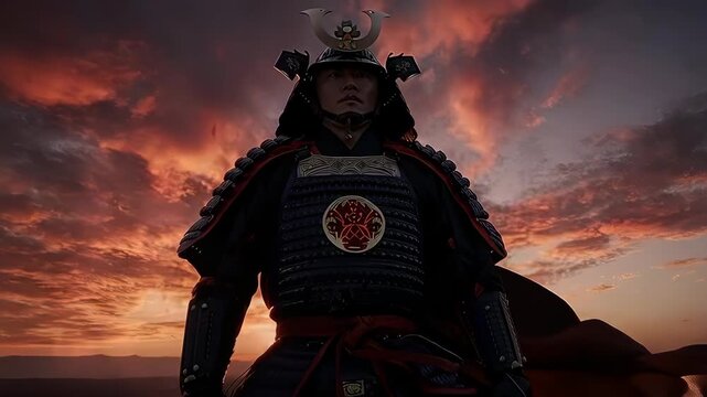 Silhouette of a Samurai Warrior Standing Proudly Against a Fiery Sunset Sky.