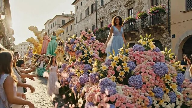 A vibrant flower parade with a woman in a blue dress on a float, surrounded by spectators.