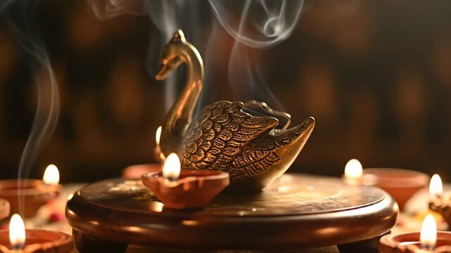 Golden Swan Diya with Incense Smoke for Saraswati Puja Vasant Panchami