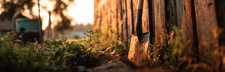 Wooden shovel with a black metal blade leaning against a rustic wooden fence with freshly dug soil and green plants in a garden setting
