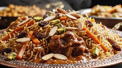 A magnificent and richly garnished platter of traditional Afghan Qabuli Palaw featuring tender lamb or beef aromatic basmati rice sweet carrots plump raisins and crunchy almonds beautifully presented.