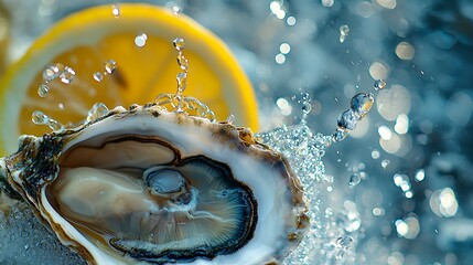 Fresh raw oyster with a juicy lemon slice and a dramatic water splash.