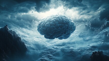 Celestial brain floating amidst turbulent storm clouds in a dramatic sky.