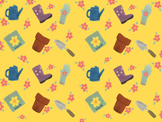 Seamless Pattern of watercolor gardening tools