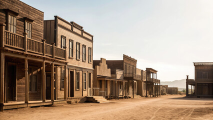 Empty street in old wild west wooden town concept. Deserted old western town with vintage wooden buildings and dust.