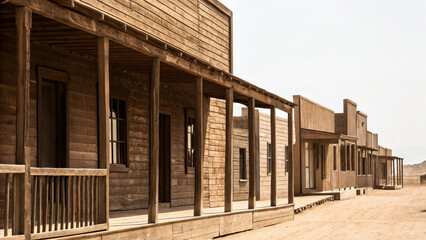 Obraz premium Empty street in old wild west wooden town concept. Desert town with rustic wooden buildings and empty streets.