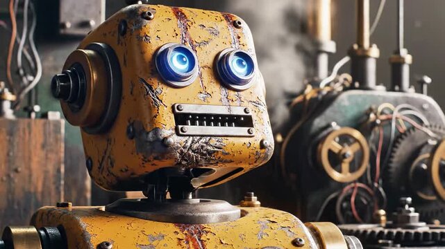 A rusty robot with blue glowing eyes stands in a dimly lit industrial setting, surrounded by worn machinery and visible wiring