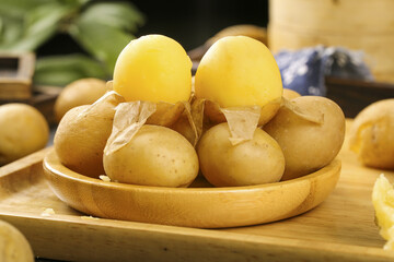 Fresh Yellow Mini Potatoes in Wooden Bowl - Healthy Food Production