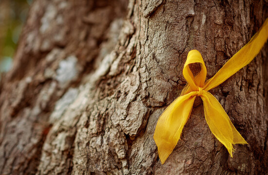 Tree trunk with yellow ribbon tied in a bow as a symbol of cancer awareness