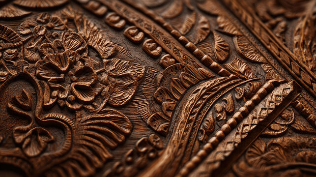 Fancy embossed leather with western floral design concept. Intricate wooden carving displaying detailed floral patterns.