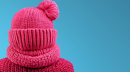 Pink knitted winter hat and scarf on a blue background.