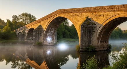 Fototapeta premium Majestic stone bridge arches gracefully over tranquil waters at sunrise creating a captivating