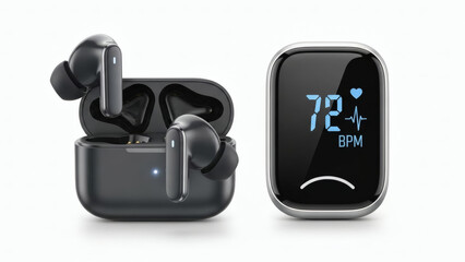 Modern wireless earbuds with charging case and smart device displaying heart rate data, a concept for health monitoring technology