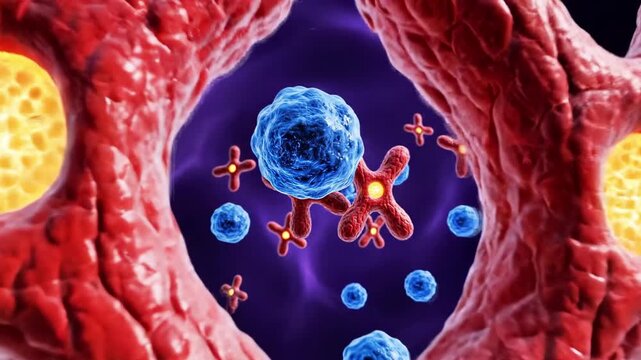 Microscopic view of cells with glowing centers and various particles