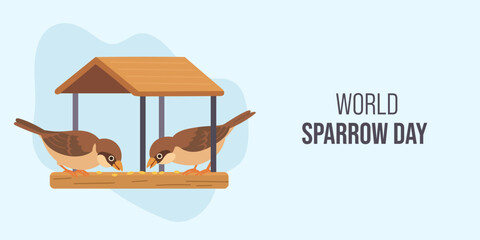 Sparrows feeding on wooden birdhouse illustrate warm nature scene for World Sparrow Day awareness, highlighting World Sparrow Day message and supporting wildlife protection.