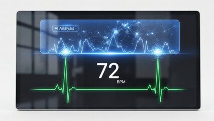 Digital health monitoring system displaying real-time vital signs and AI-driven health analysis on a futuristic screen