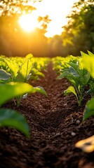 Young green plants thriving in fertile soil under a warm golden sunset.