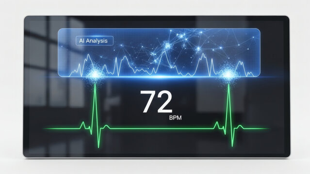 Digital health monitoring system displaying real-time vital signs and AI-driven health analysis on a futuristic screen - Powered by Adobe
