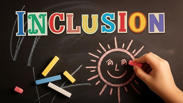 Child drawing sun with chalk on blackboard, colorful letters spell inclusion