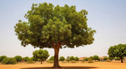 Fototapeta premium Majestic tropical tree standing tall in a vast African savanna landscape