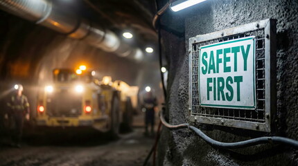 "Safety First" sign in an active underground mine with workers, heavy machinery, and bright lights, emphasizing industrial safety.