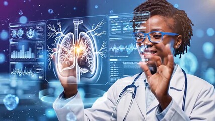 A smiling doctor in a white coat interacts with a futuristic digital interface displaying various health-related graphics and data - Powered by Adobe