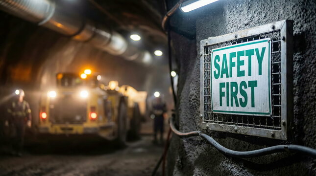 "Safety First" sign in an active underground mine with workers, heavy machinery, and bright lights, emphasizing industrial safety.