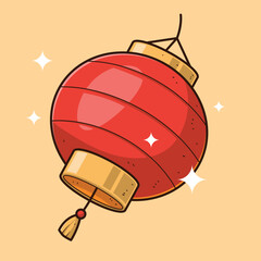 Obraz premium Red chinese lantern with sparkles hand drawn vector illustration on yellow background