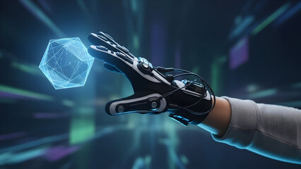Robotic hand interacting with futuristic glowing polygon in dark tech environment