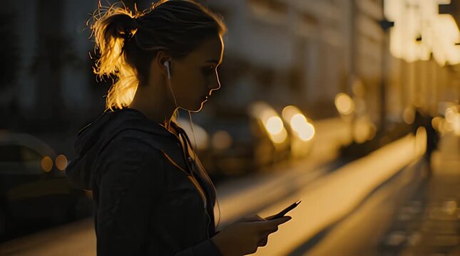 Casual Stroll Through City Street with Smartphone and Bluetooth Earbuds