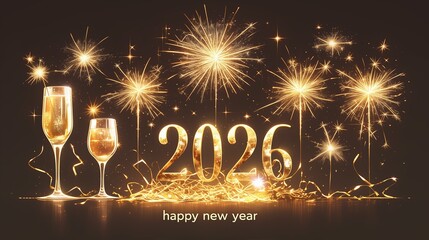 2026 Happy New Year golden sparkler text glowing on black background, with fireworks in night sky and copy space for celebration decoration design, ideal for greeting cards, posters, social media, and