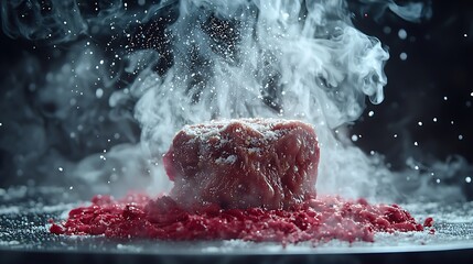 Dramatic culinary explosion - meat block surrounded by smoke and powder.