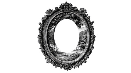 Vintage detailed ink drawing of an ornate oval frame with intricate floral patterns and a landscape scene inside