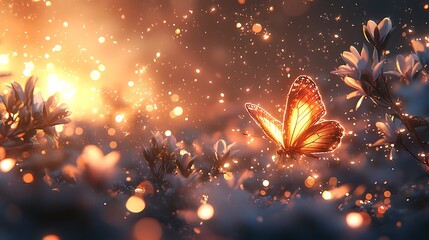 Enchanting Butterfly Amidst Golden Bokeh and Lavender Blossoms.