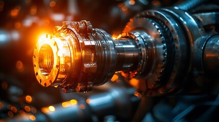 Glowing hot metal industrial machine part in a factory setting.
