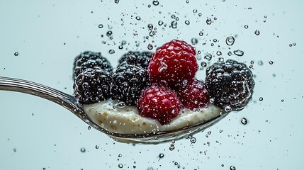 Fresh Berries in Water on a Spoon, Refreshing Summer Treat.