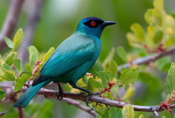 Vivid blue-green bird with black head and red eyes perched on leafy branch