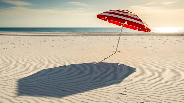 Red and white striped beach umbrella casting a long shadow on a sandy beach with gentle waves ocean