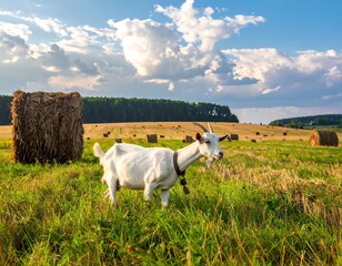 Fototapeta premium White goat in a golden field with hay bales