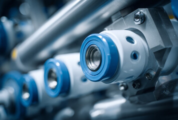 White water filter accessories with blue accents and metallic components in an industrial setting