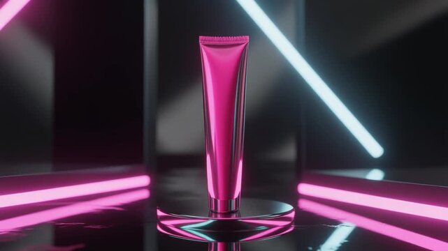 reflective pink lotion tube standing on a reflective black podium surrounded by neon glow